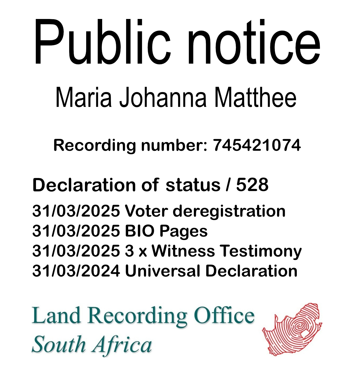 Public Notice Maria Johanna Matthee (c) Recording number 745421074